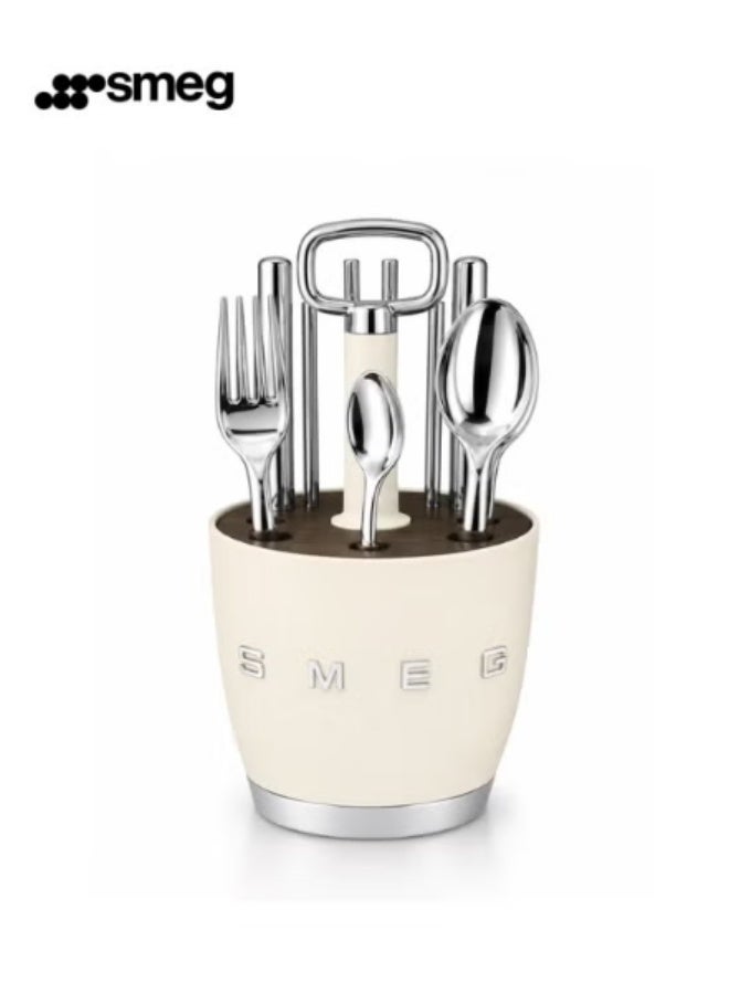 SMEG Retro Stainless Steel 6-Person Cutlery Set+Holder, Cream - Image 1