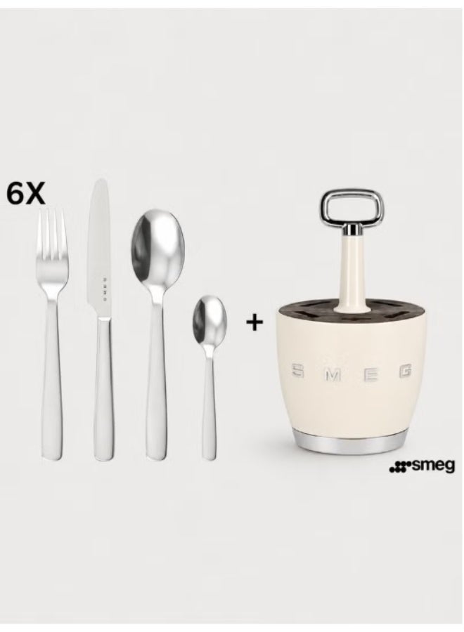 SMEG Retro Stainless Steel 6-Person Cutlery Set+Holder, Cream - Image 2