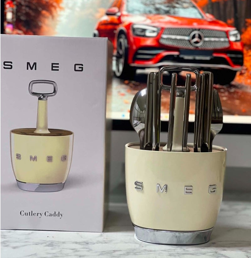 SMEG Retro Stainless Steel 6-Person Cutlery Set+Holder, Cream - Image 3