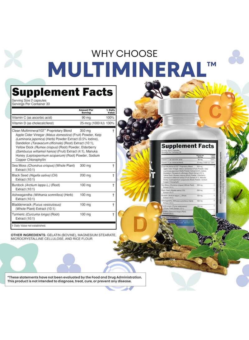 Clean Nutraceuticals زيت بذور الكمون الأسود مع طحالب البحر، أشواغاندا، كركم، بلادر وراك، بربيردك، وفيتامين C، وفيتامين D3 مع إلدربيري، مانوكا، دandelion، يلو دوك، يود، كلوروفيل، خل التفاح 60 كبسولة - Image 2