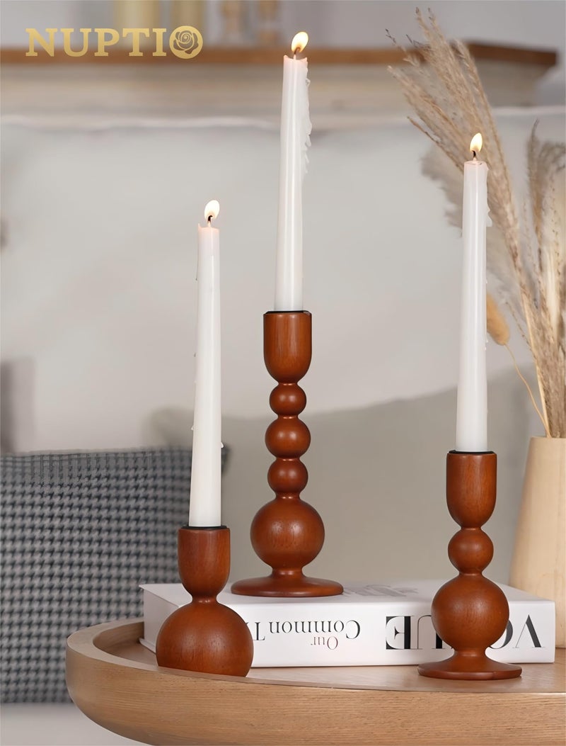 NUPTIO Candlestick Holders for Home Decor: Set of 3 Wood Taper Candle Holders for Thanksgiving Table Centerpieces - Mid Century Modern Caramel - Image 5