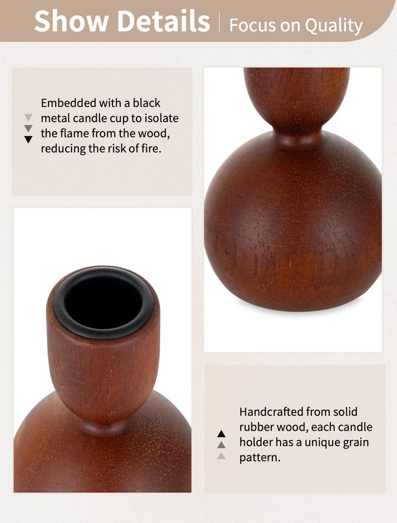 NUPTIO Candlestick Holders for Home Decor: Set of 3 Wood Taper Candle Holders for Thanksgiving Table Centerpieces - Mid Century Modern Caramel - Image 3