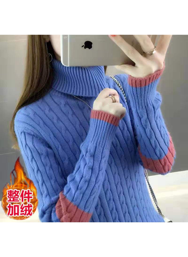Generic - High-neck Thickened Wool Coat Women Autumn Winter Style Warm Long Sleeve Innerwear Base Knitted Shirt Urban Style Blue [velvet thickened version] - Image 1