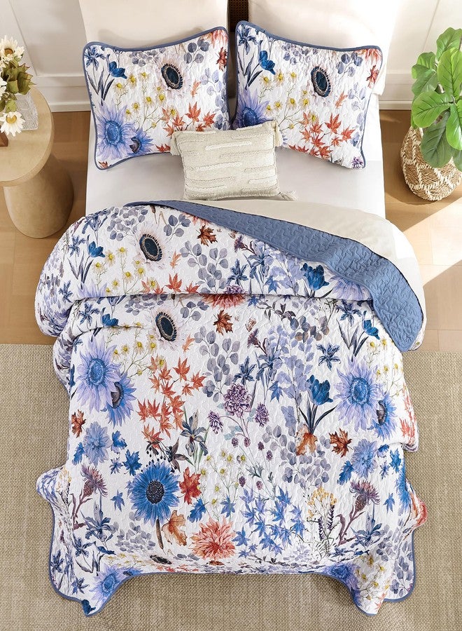 Yiran Blue Floral Quilt Set King Size, Spring Summer Sunflower Botanical Bedspread Bedding Set, 3 Pieces Soft Lightweight Microfiber Coverlet with 2 Pillow Shams for All Season 106x90 Inch - Image 4