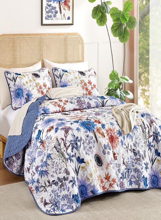 Yiran Blue Floral Quilt Set King Size, Spring Summer Sunflower Botanical Bedspread Bedding Set, 3 Pieces Soft Lightweight Microfiber Coverlet with 2 Pillow Shams for All Season 106x90 Inch - Image 2