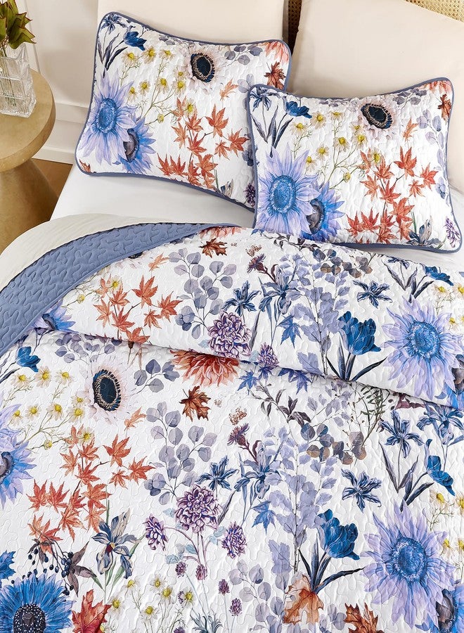 Yiran Blue Floral Quilt Set King Size, Spring Summer Sunflower Botanical Bedspread Bedding Set, 3 Pieces Soft Lightweight Microfiber Coverlet with 2 Pillow Shams for All Season 106x90 Inch - Image 3