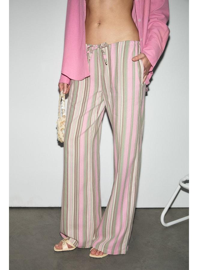 GRIMELANGE TULIPA Women's Linen Blend Waist‑Tie Print Detailed Comfortable Fit Pink Striped Pants. - Image 2