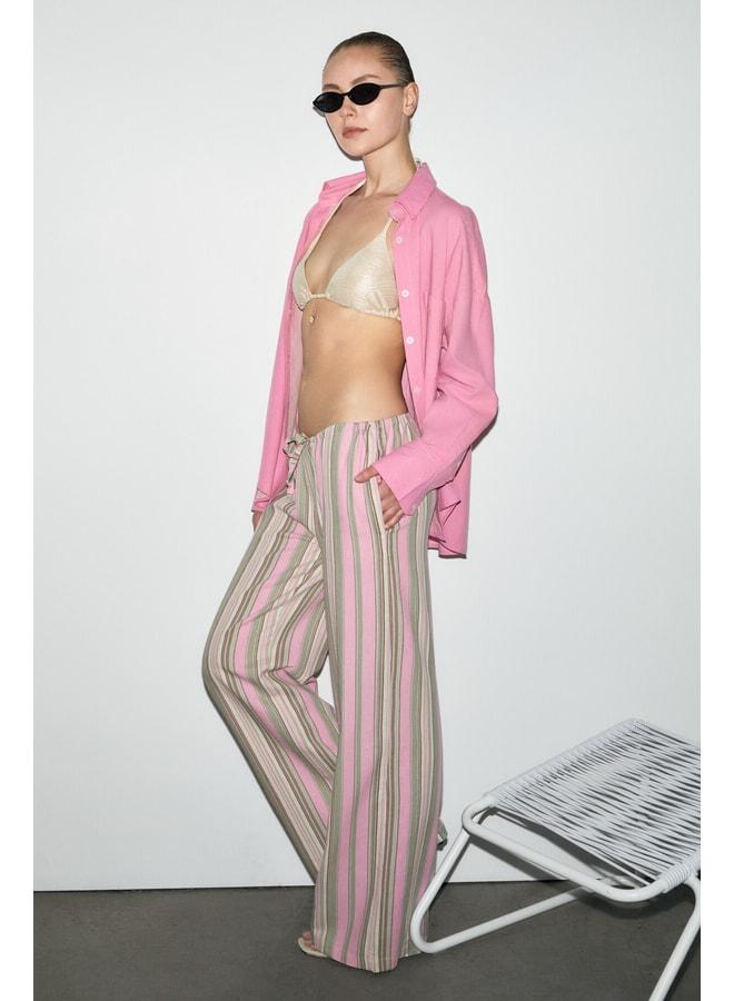 GRIMELANGE TULIPA Women's Linen Blend Waist‑Tie Print Detailed Comfortable Fit Pink Striped Pants. - Image 3