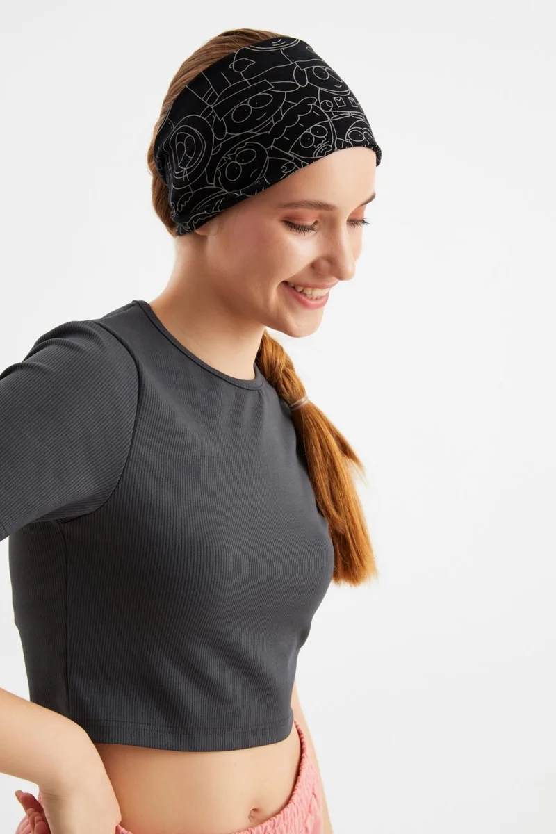 بوتيكجيز Black-Melange Women's Double-Sided Use Alternative, Cotton Combed Cotton, Non-Slip, Lightweight, Sports Hair Band Bandana
