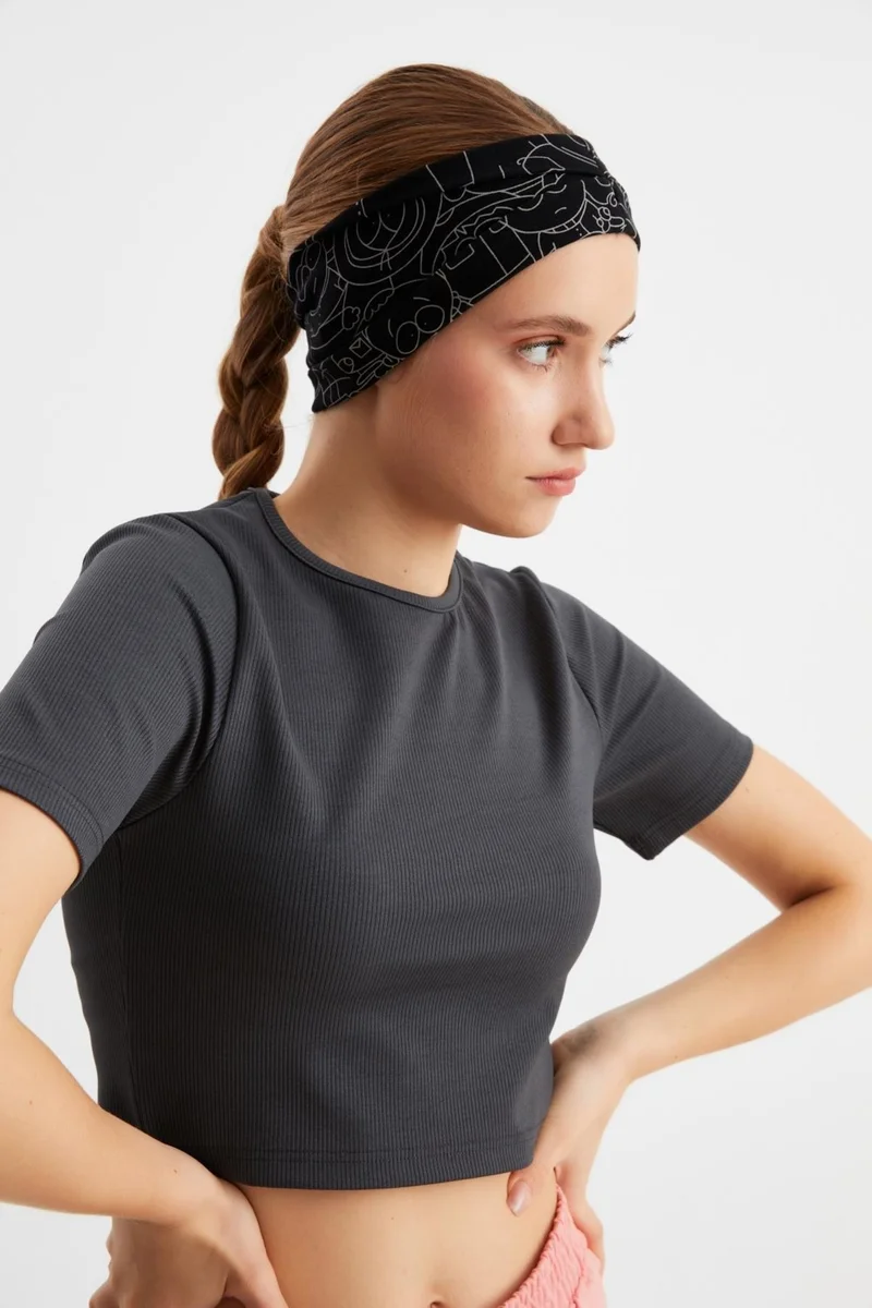 بوتيكجيز Black-Melange Women's Double-Sided Use Alternative, Cotton Combed Cotton, Non-Slip, Lightweight, Sports Hair Band Bandana