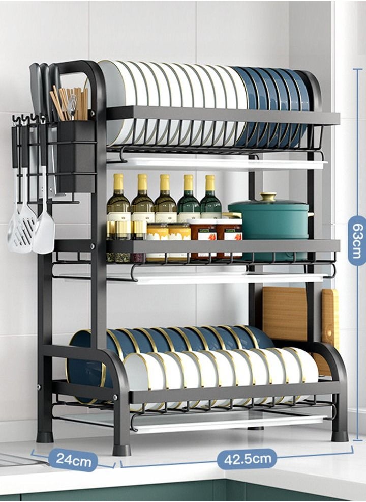 Dish Rack Dish Drying Rack 3-Tier Rust Proof Dish Racks with Drainboard Tray Utensil Holder Large Dish Drainer with Cutting Board Holder for Kitchen Counter Organizer Storage
