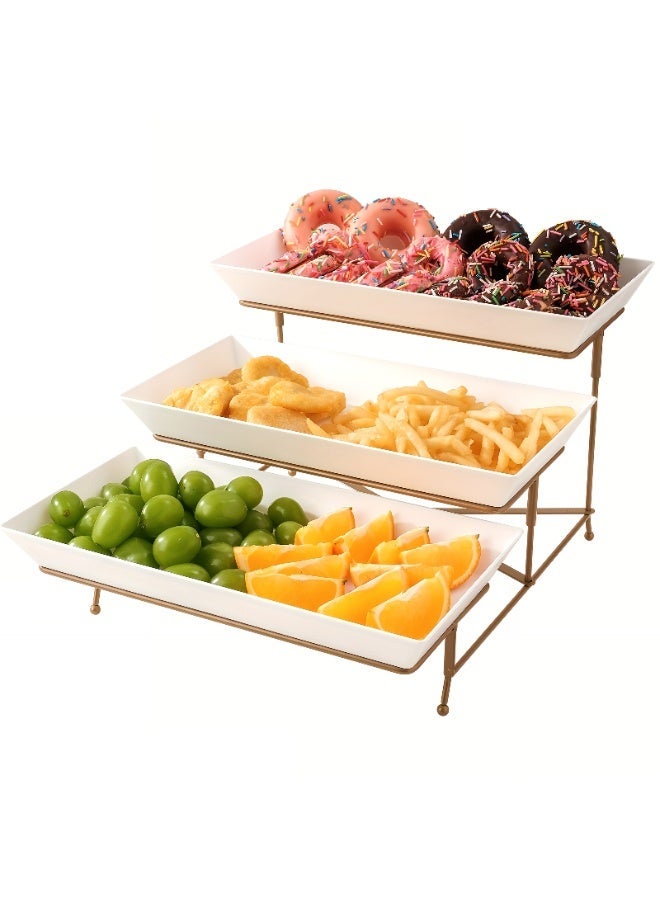 TrustMate 3-Tier Serving Tray Set with Gold Metal Stand, Premium Shatter-Proof Melamine Food Display Platter for Desserts, Fruits & Appetizers, Collapsible Buffet Server for Parties & Gatherings - Image 1