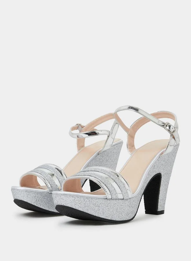 تايك تو Silver Glitter Platform Block Heel Sandals