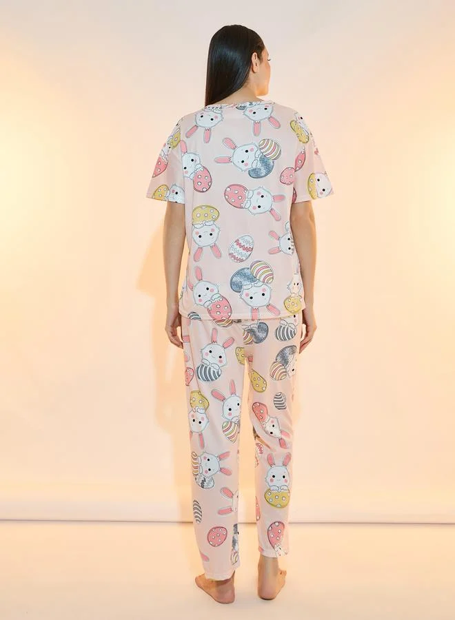 Take Two Rabbit Print T-Shirt & Straight Pyjama Set