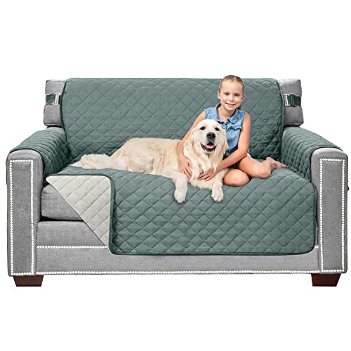 Sofa Shield Loveseat Slip Cover with Patented Strap Cushion Protector US Designed Reversible Stain and Dog Tear Resistant Slipcover 54 inch Seat Washable Covers for Dogs Pets Seafoam Cream