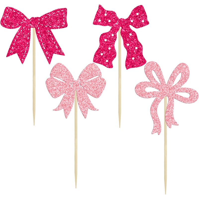 Ephlyn 24Pcs Pink Bow Cupcake Toppers Bow Birthday Cake Topper Girls Birthday Party Decorations Bowknot Cupcake Decorations for Bridal Baby Shower Birthday Wedding Themed Party Rose Red - Image 3