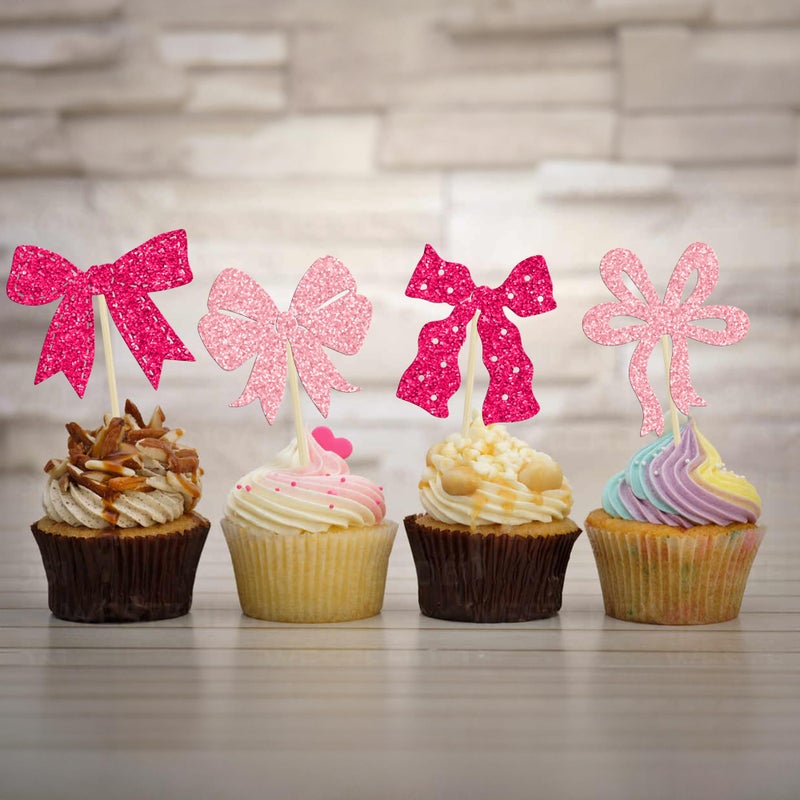 Ephlyn 24Pcs Pink Bow Cupcake Toppers Bow Birthday Cake Topper Girls Birthday Party Decorations Bowknot Cupcake Decorations for Bridal Baby Shower Birthday Wedding Themed Party Rose Red - Image 4