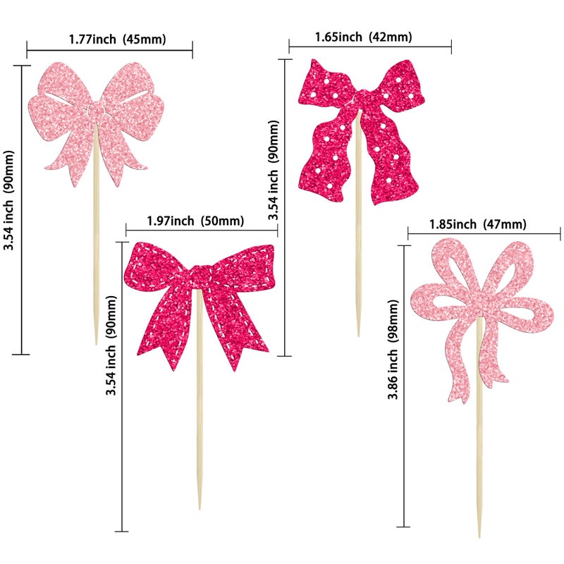 Ephlyn 24Pcs Pink Bow Cupcake Toppers Bow Birthday Cake Topper Girls Birthday Party Decorations Bowknot Cupcake Decorations for Bridal Baby Shower Birthday Wedding Themed Party Rose Red - Image 2