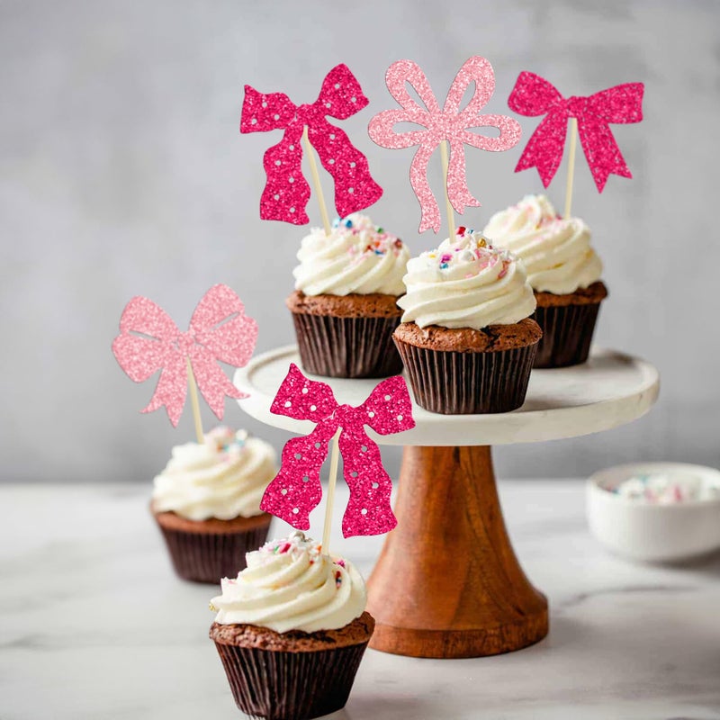 Ephlyn 24Pcs Pink Bow Cupcake Toppers Bow Birthday Cake Topper Girls Birthday Party Decorations Bowknot Cupcake Decorations for Bridal Baby Shower Birthday Wedding Themed Party Rose Red - Image 5