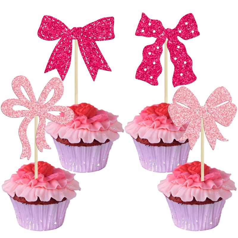 Ephlyn 24Pcs Pink Bow Cupcake Toppers Bow Birthday Cake Topper Girls Birthday Party Decorations Bowknot Cupcake Decorations for Bridal Baby Shower Birthday Wedding Themed Party Rose Red - Image 1