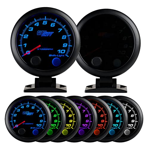GlowShift Tinted 7 Color 10,000 RPM On-Dash Tachometer Gauge - for 1-10 Cylinder Gas Powered Engines - Includes Shift Light & Wiring - Multi-Color Display - Black Dial - Smoked Lens - 3-3/4" 95mm - Image 1