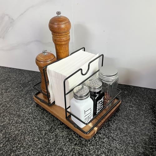 SWNACOR Napkin Holders for Kitchen Table, Rotating Wood Vertical Napkin Dispenser That Can Hold Salt and Pepper, Rustic Napkin Holder for Kitchen Dining Table Decor Brow Acacia - Image 4