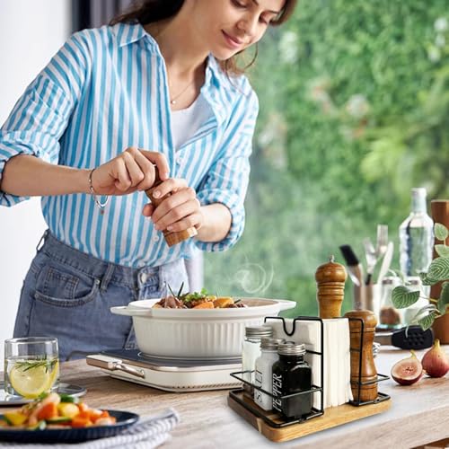 SWNACOR Napkin Holders for Kitchen Table, Rotating Wood Vertical Napkin Dispenser That Can Hold Salt and Pepper, Rustic Napkin Holder for Kitchen Dining Table Decor Brow Acacia - Image 5