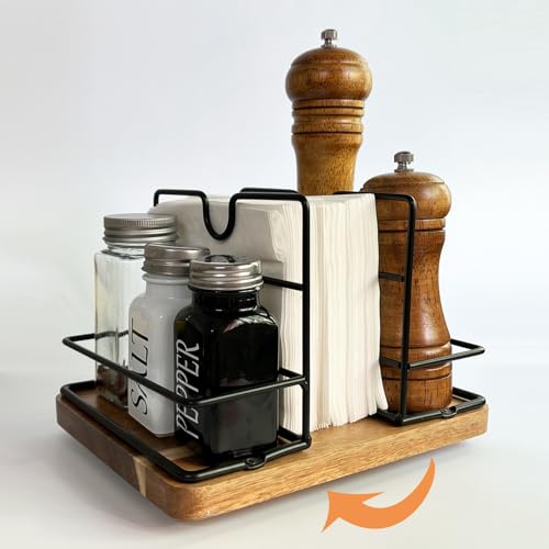 SWNACOR Napkin Holders for Kitchen Table, Rotating Wood Vertical Napkin Dispenser That Can Hold Salt and Pepper, Rustic Napkin Holder for Kitchen Dining Table Decor Brow Acacia - Image 1