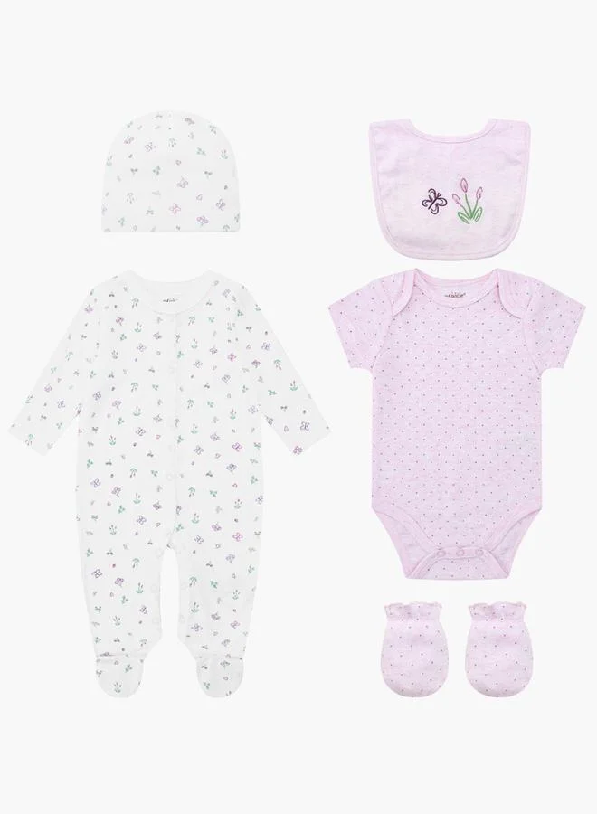 Luna & Lily 5-Piece Floral Zipped Footie, Bib, Cap, Mittens and Bodysuit