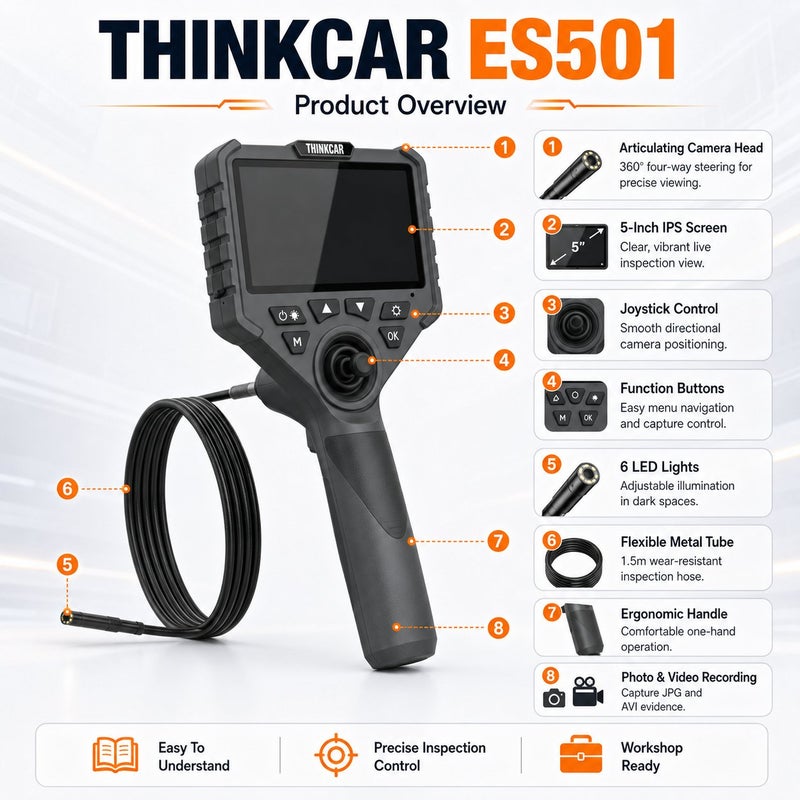 THINKCAR ES501 4-Way Articulating Automotive Video Endoscope Inspection Camera With LED Lighting For Engine And Vehicle Diagnosis - Image 2
