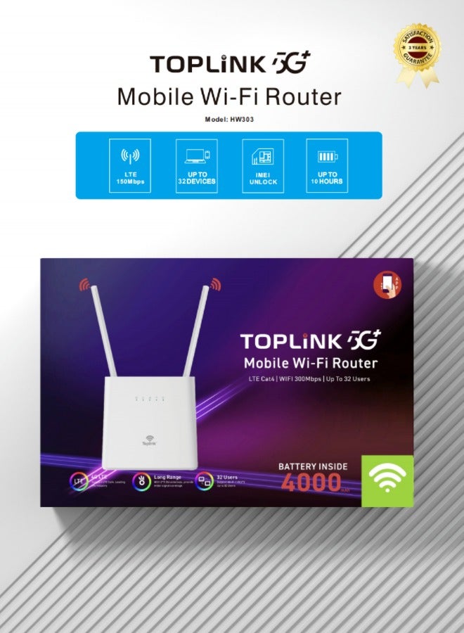 توب لينك TOPLINK HW303 4G 300Mbps Mobilie Wi-Fi Router With 4000mAh Battery ，LTE Cat4, Connects Up 32 Users - Image 2