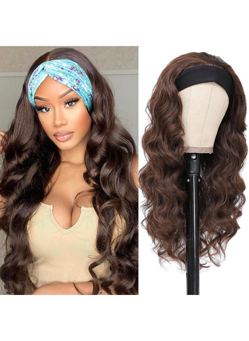 XCCOCO - xccoco Brown HeadBand Wigs for Women Long Wavy Headband Wigs 24inch Put On and Go Glueless Wig Loose Curly Synthetic Half Wig Natural Looking Long Wigs for Women 200 Density - Image 1