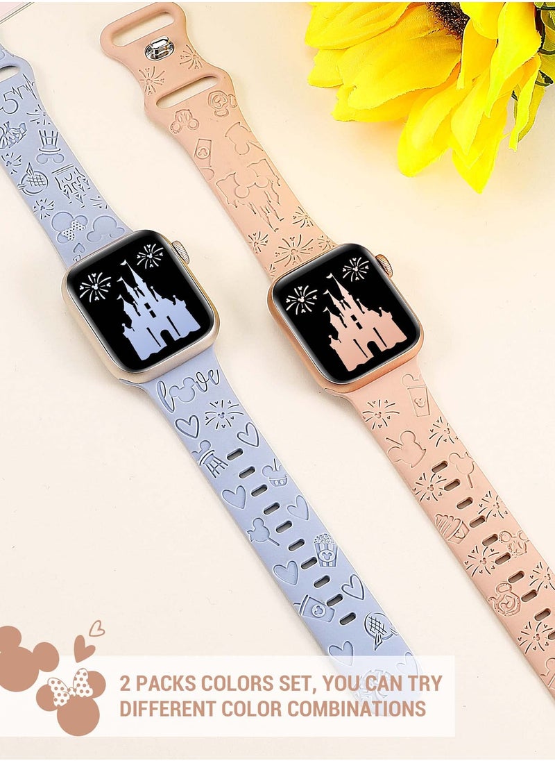 Excefore - Cartoon Engraved Band, 2 Pack Compatible with Apple Watch Ultra Straps, Soft Silicone Breathable Replacement Strap for Women, iWatch Series 8 7 6 5 4 3 2 1 SE, 44mm 42mm 45mm 49mm - Image 1