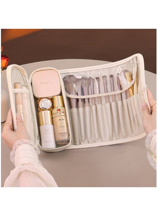 كيس منظم ماكياج السفر المحمول ، كيس جلد PU Roll-Up حالة مستحضرات التجميل ، حامل المرحاض السفر القابل للطي مقاوم للماء مع جيوب المقصورات الواضحة للفرشات وأحمر الشفاه ومستحضرات المرحاض وأدوات الماكياج - Image 2