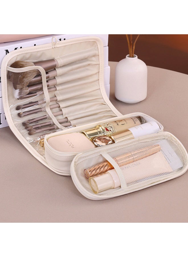 كيس منظم ماكياج السفر المحمول ، كيس جلد PU Roll-Up حالة مستحضرات التجميل ، حامل المرحاض السفر القابل للطي مقاوم للماء مع جيوب المقصورات الواضحة للفرشات وأحمر الشفاه ومستحضرات المرحاض وأدوات الماكياج - Image 3