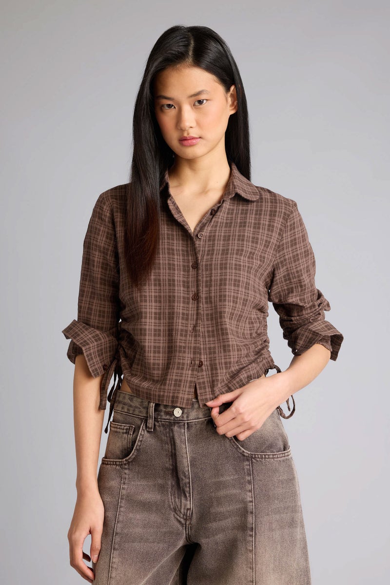 ديفاكتو قميص كاروهات كم طويل من مزيج الكتان سليم فيت - Image 3