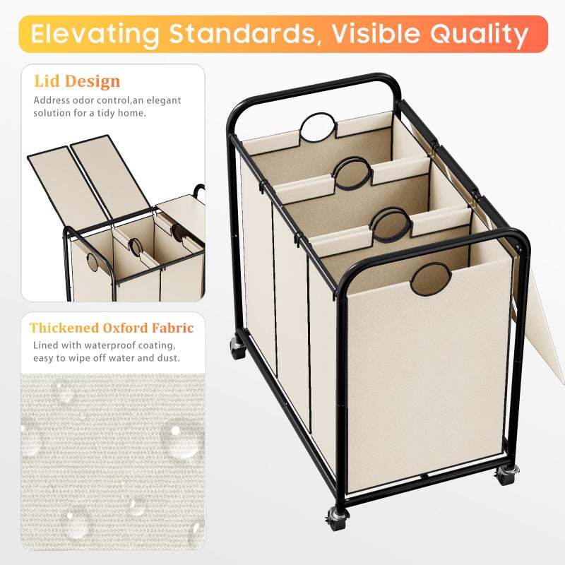 Olldide 180L (47.55 Gal) Laundry Sorter 3 Section, Rolling Laundry Basket with Lockable Wheels and Lid, Laundry Hamper with 3 Separated Removable Bags Dirty Clothes Hamper for Laundry Room Organizer, White - Image 4