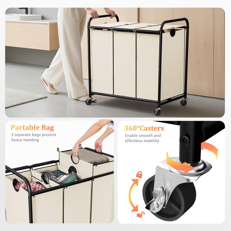 Olldide 180L (47.55 Gal) Laundry Sorter 3 Section, Rolling Laundry Basket with Lockable Wheels and Lid, Laundry Hamper with 3 Separated Removable Bags Dirty Clothes Hamper for Laundry Room Organizer, White - Image 3