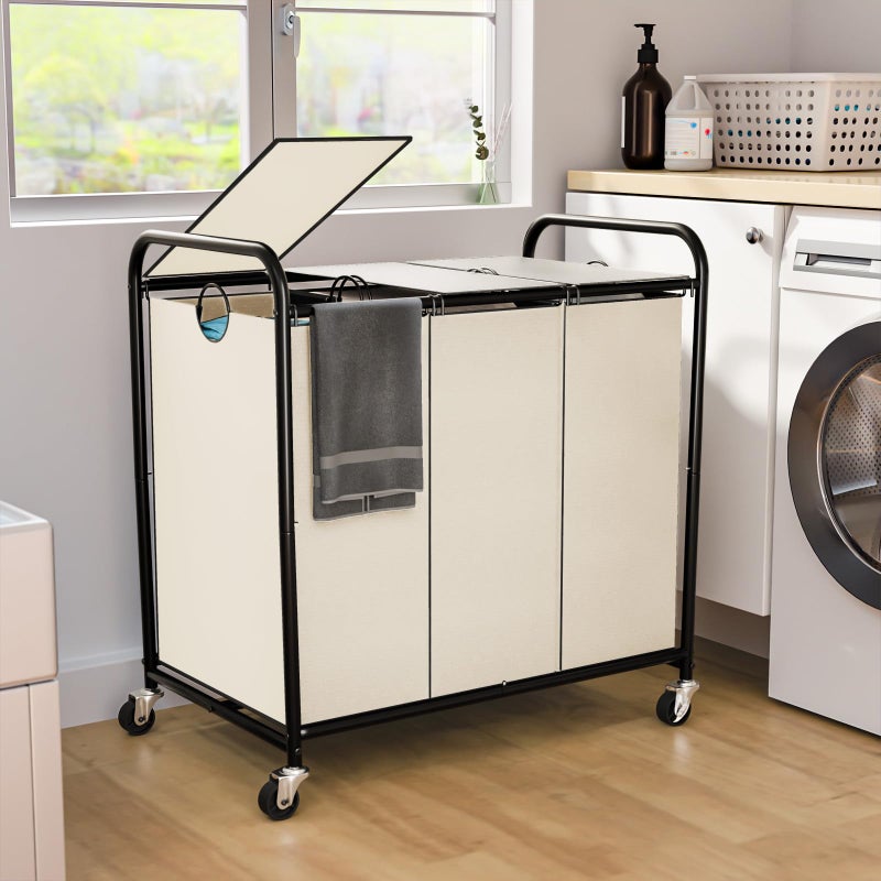 Olldide 180L (47.55 Gal) Laundry Sorter 3 Section, Rolling Laundry Basket with Lockable Wheels and Lid, Laundry Hamper with 3 Separated Removable Bags Dirty Clothes Hamper for Laundry Room Organizer, White - Image 1