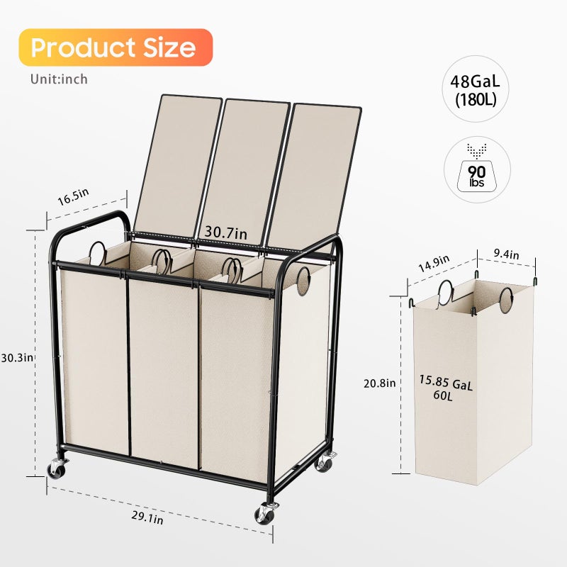 Olldide 180L (47.55 Gal) Laundry Sorter 3 Section, Rolling Laundry Basket with Lockable Wheels and Lid, Laundry Hamper with 3 Separated Removable Bags Dirty Clothes Hamper for Laundry Room Organizer, White - Image 2