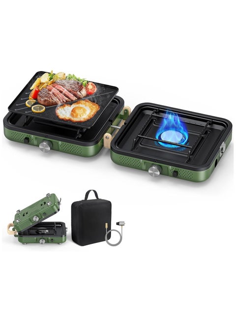 2Burner Foldable Camping Stove with Griddle (Textured & Smooth) and Carrying Bag, Portable Propane Camp Stove with 2 Adjustable Burners & Piezo Ignition, for Camping Tailgating Essentials Gear(Green)