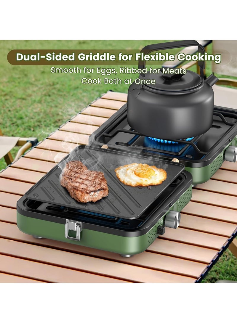 2Burner Foldable Camping Stove with Griddle (Textured & Smooth) and Carrying Bag, Portable Propane Camp Stove with 2 Adjustable Burners & Piezo Ignition, for Camping Tailgating Essentials Gear(Green)
