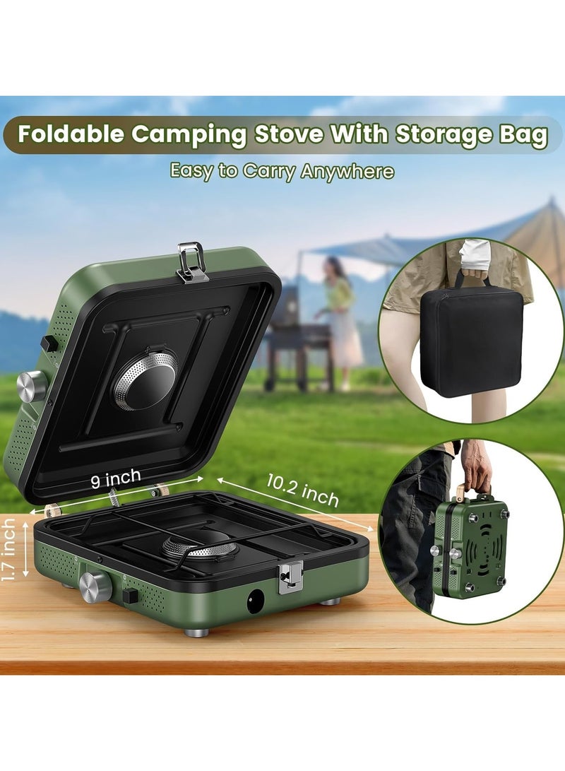 2Burner Foldable Camping Stove with Griddle (Textured & Smooth) and Carrying Bag, Portable Propane Camp Stove with 2 Adjustable Burners & Piezo Ignition, for Camping Tailgating Essentials Gear(Green)