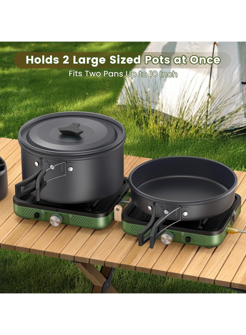 2Burner Foldable Camping Stove with Griddle (Textured & Smooth) and Carrying Bag, Portable Propane Camp Stove with 2 Adjustable Burners & Piezo Ignition, for Camping Tailgating Essentials Gear(Green)