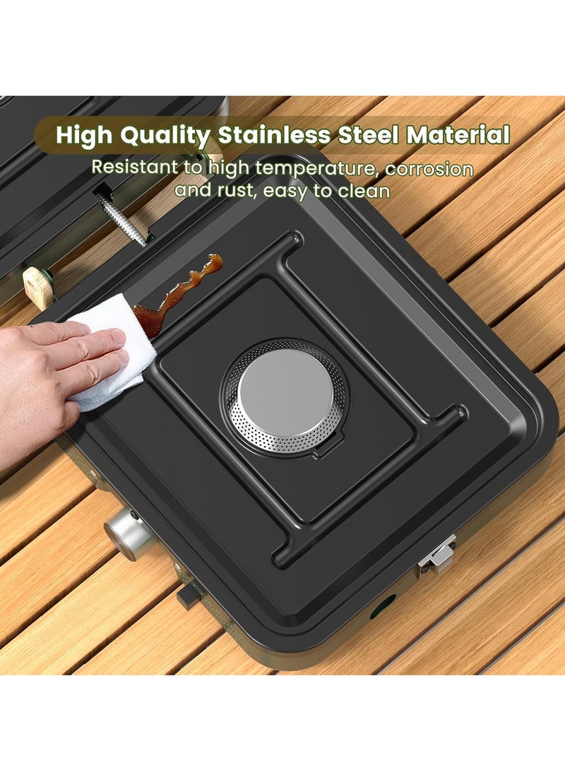 2Burner Foldable Camping Stove with Griddle (Textured & Smooth) and Carrying Bag, Portable Propane Camp Stove with 2 Adjustable Burners & Piezo Ignition, for Camping Tailgating Essentials Gear(Green)