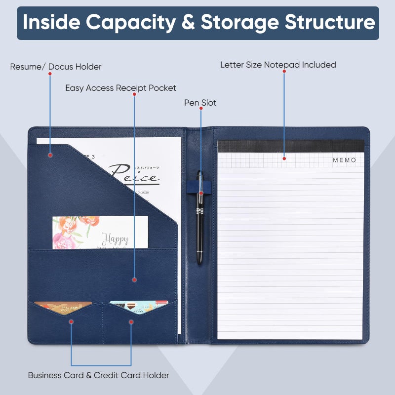 Pacific Mailer Padfolio Portfolio Leather Binder, Interview Legal Document Organizer, Business Card Holder Included Letter Sized Writing Pad [Blue, Piano Noir Faux Leather Matte Finish] - Image 3