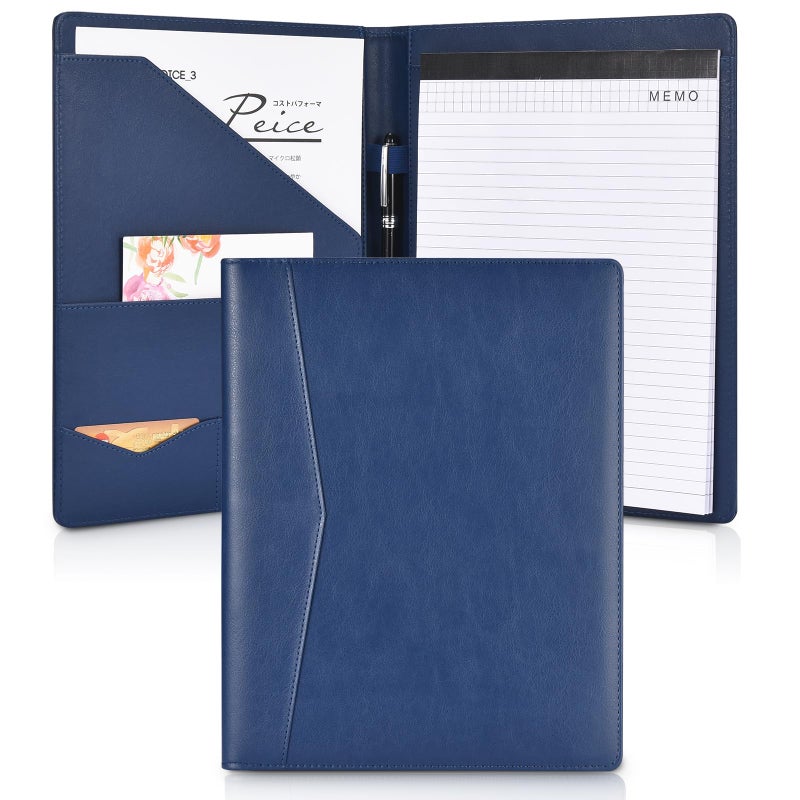 Pacific Mailer Padfolio Portfolio Leather Binder, Interview Legal Document Organizer, Business Card Holder Included Letter Sized Writing Pad [Blue, Piano Noir Faux Leather Matte Finish] - Image 1