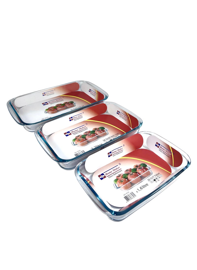 Homemaker 3 Pieces Rectangular Glass Baking Dish Set 2.9 Lt + 2.2 Lt + 1.6 Lt Capacity - Clear  - Image 1