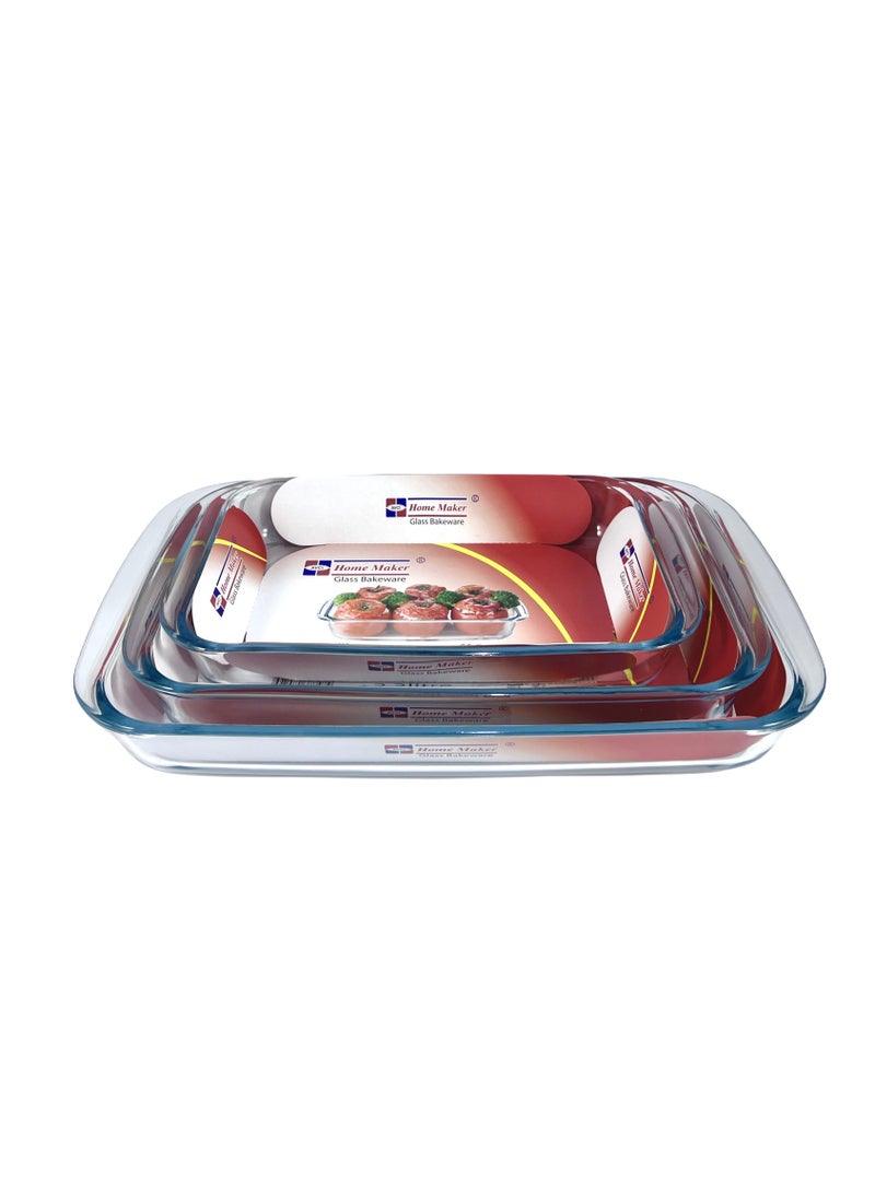 Homemaker 3 Pieces Rectangular Glass Baking Dish Set 2.9 Lt + 2.2 Lt + 1.6 Lt Capacity - Clear  - Image 5