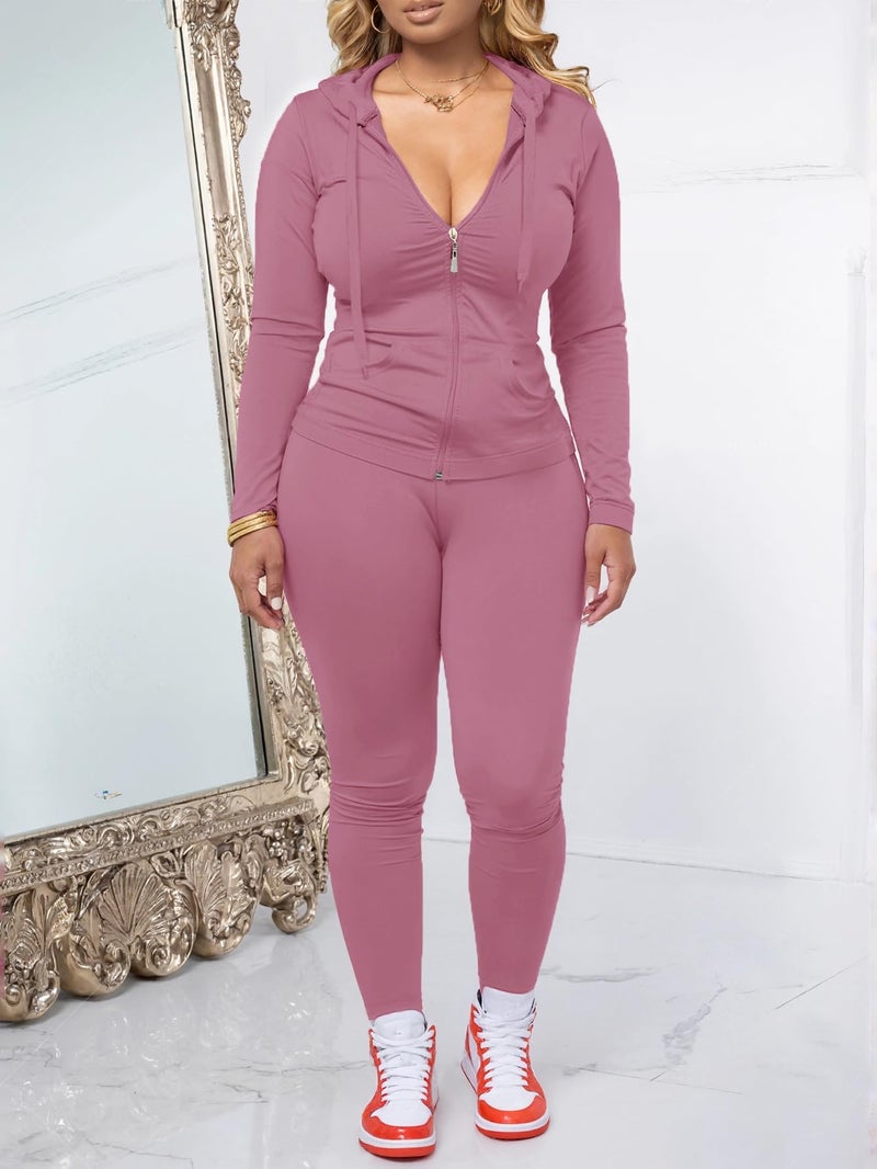 AUXDIO Women 2 Piece Outfits Casual Workout Sets Bodycon Tracksuit Zip Up Long Sleeve Hoodle Jacket Jogger Pants Set Pink L - Image 2